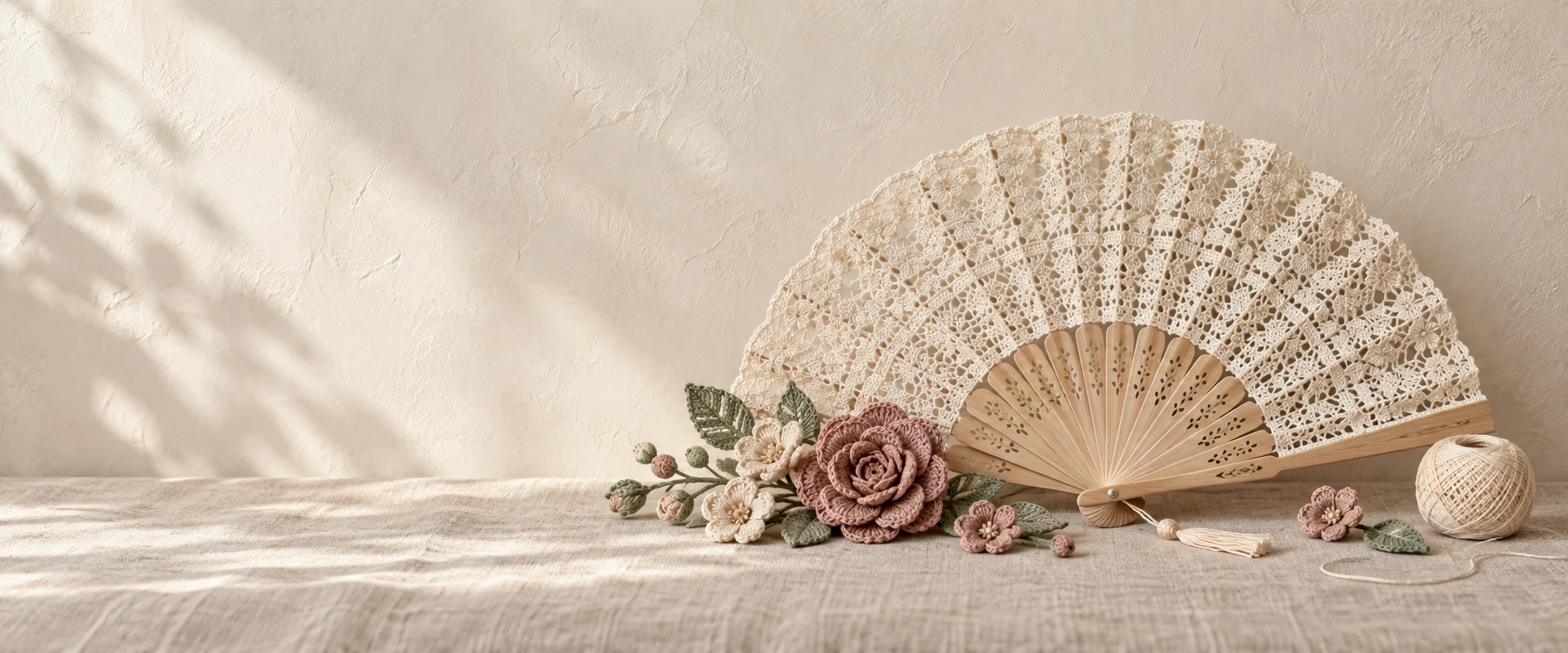 Crochet flowers and an ivory lace fan in a warm, sunlit still life.