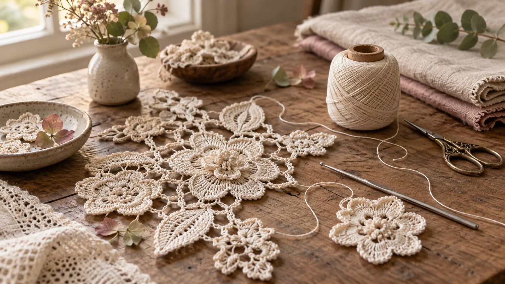Atelier illustration: Irish lace motifs, fine cotton and crochet tools on a linen worktable.