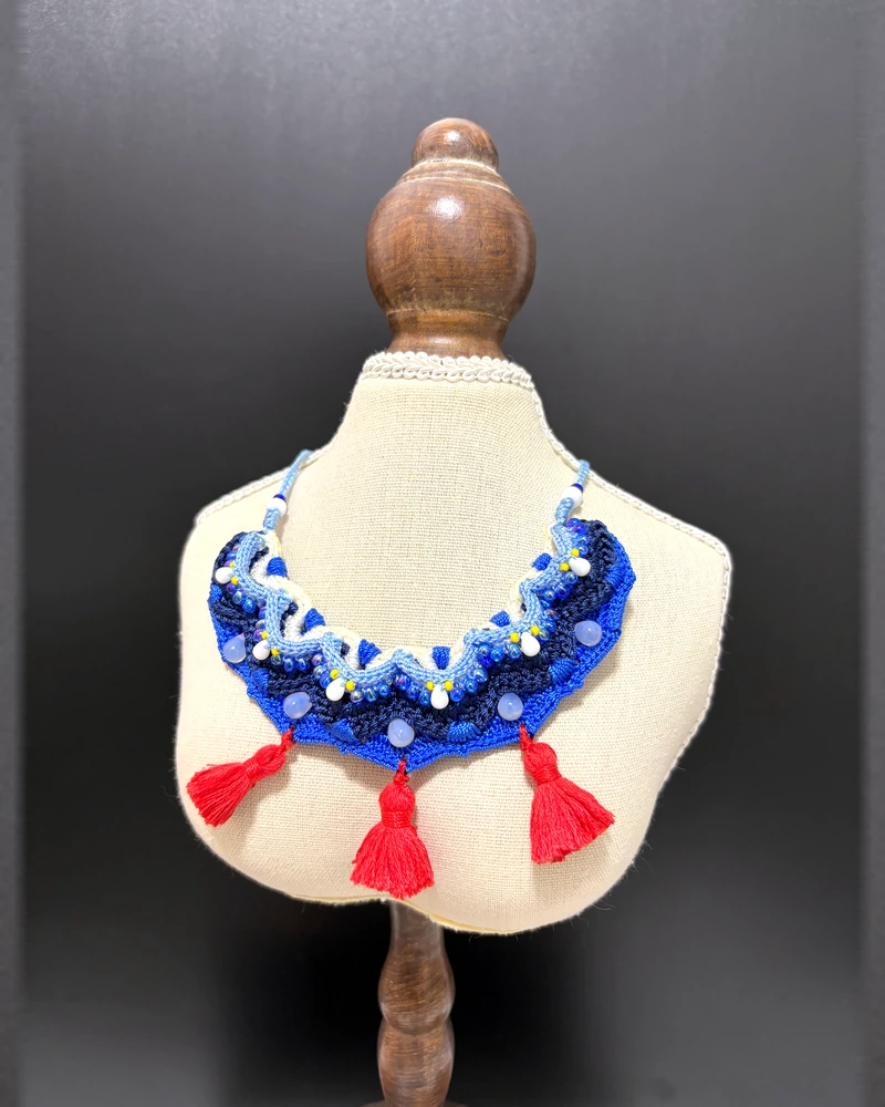 Blue Floral Necklace with Red Tassels